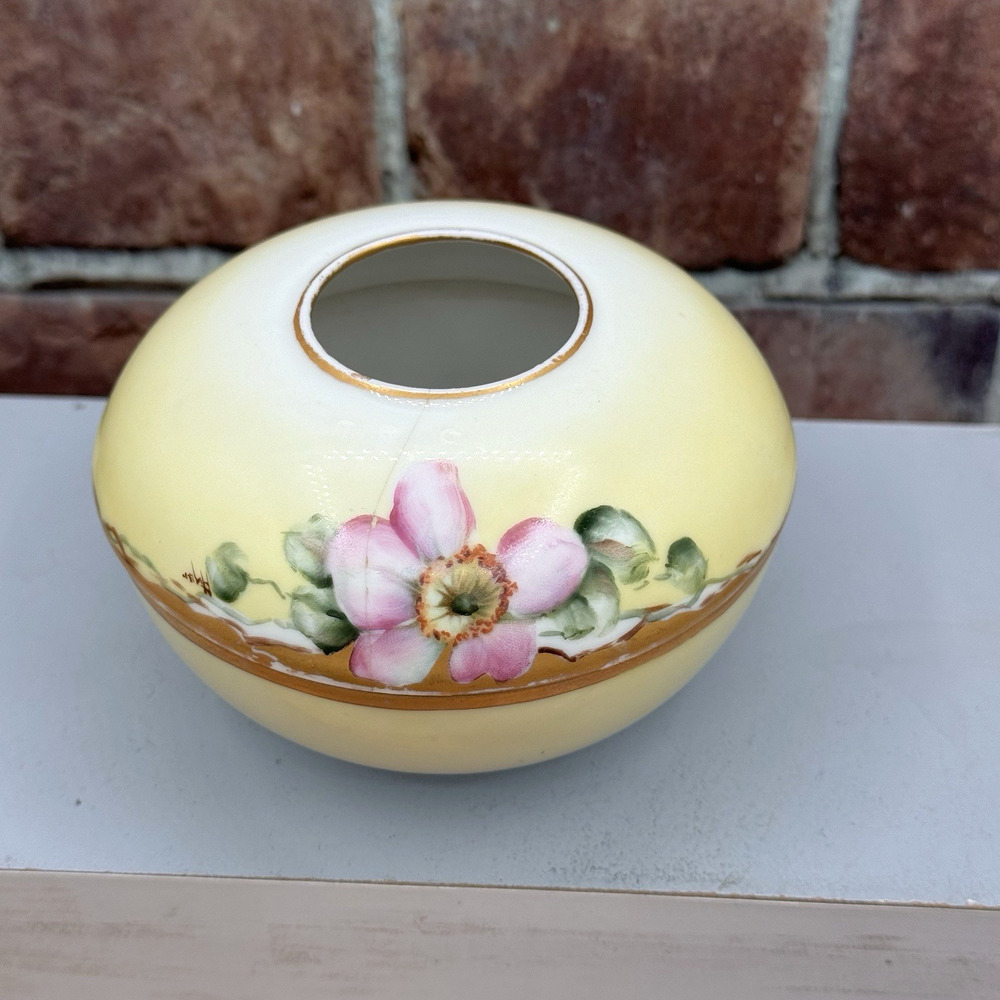 Antique Bavaria Favorite Hair Receiver Floral Yellow Pink Porcelain 1920s‎ -READ